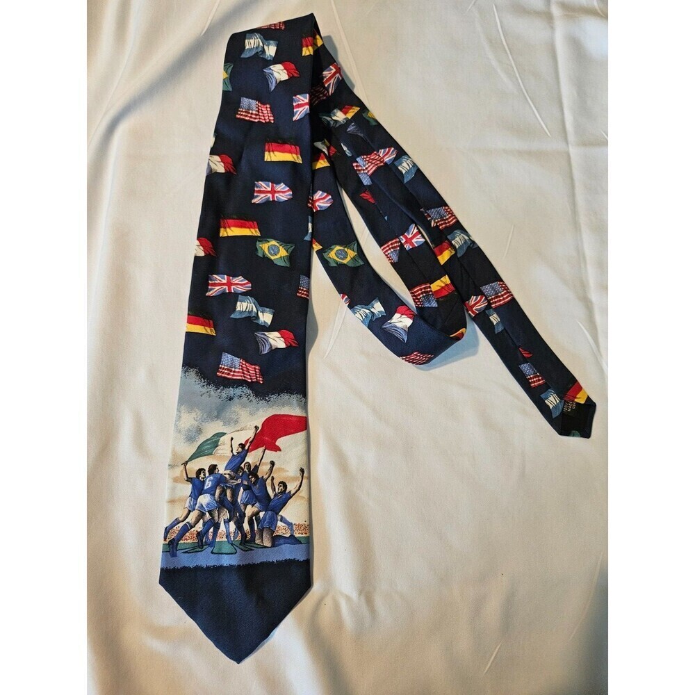 Vintage Structure Denim Mens Necktie Tie Silk‎ Flags Italy Soccer USA Italian